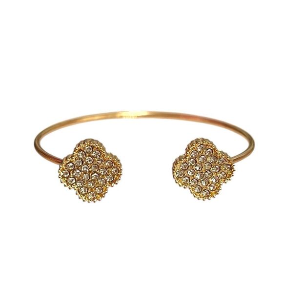 Double Clover Clear Rhinestone Gold Tone Open Bracelet - Picture 1 of 3